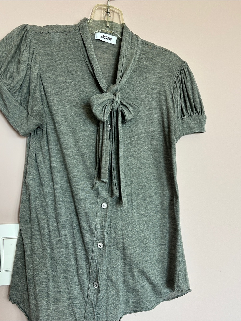 Moschino Grey lightweight wool Knit Bow-Tie Button Front Top fits like XS/S